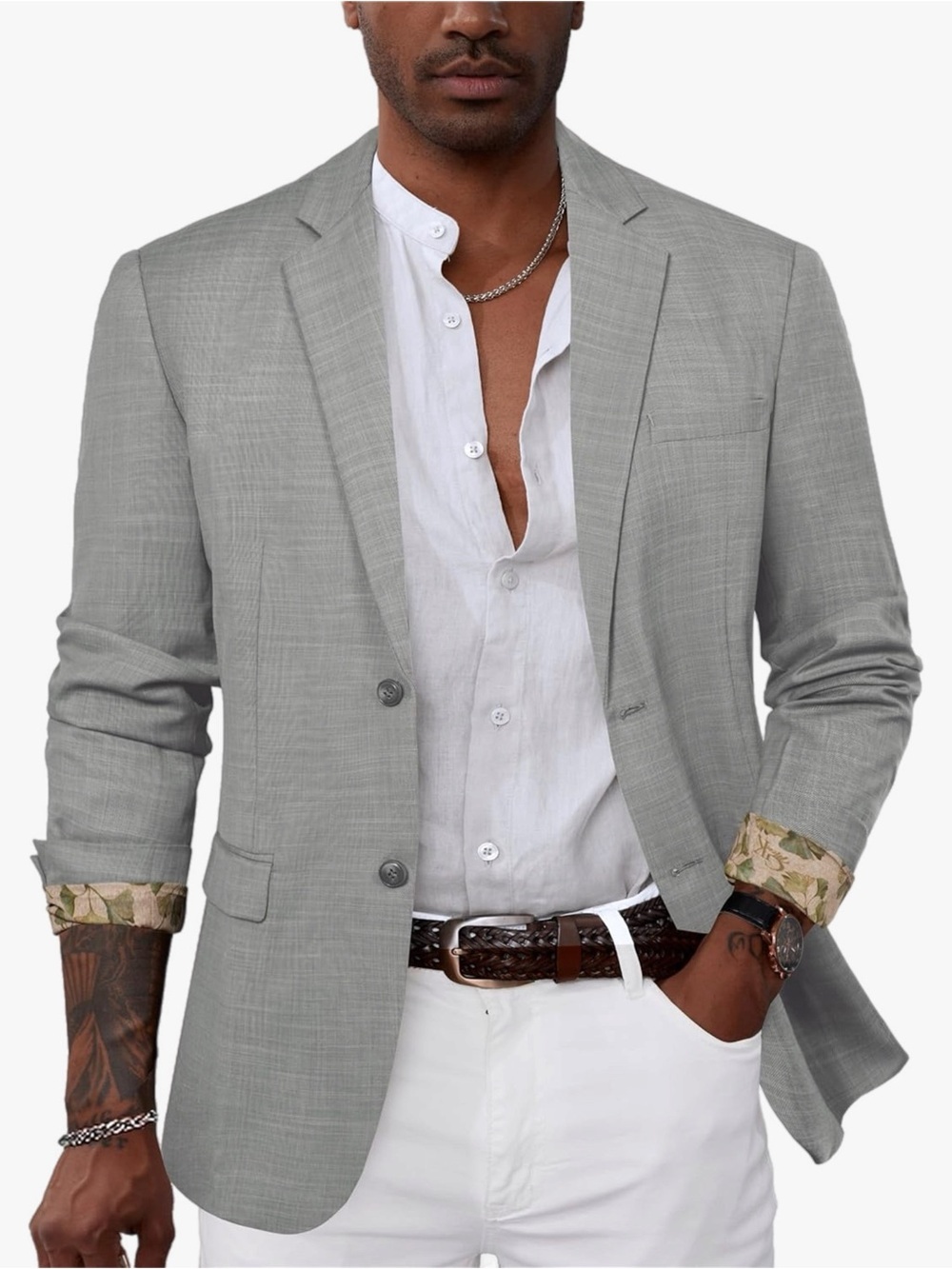 NWT Grace Karin Men’s Sport Coat Blazer Light Gray Floral Cuff Size Small